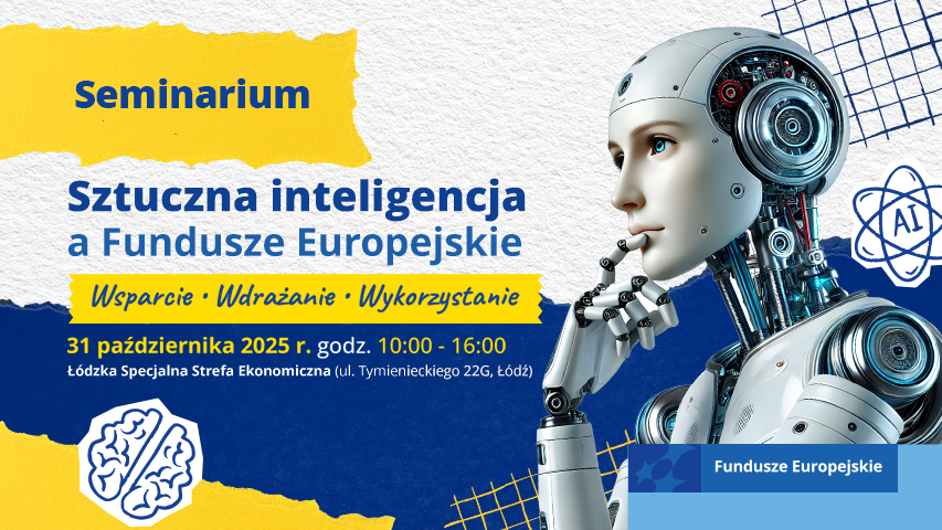 Plakat w kolorach żółtym i granatowym, z lewej strony informacje o seminarium w prawej postać androida symbolizującego sztuczną intelegencję