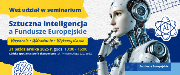 Plakat w kolorach żółtym i granatowym, z lewej strony informacje o seminarium w prawej postać androida symbolizującego sztuczną intelegencję