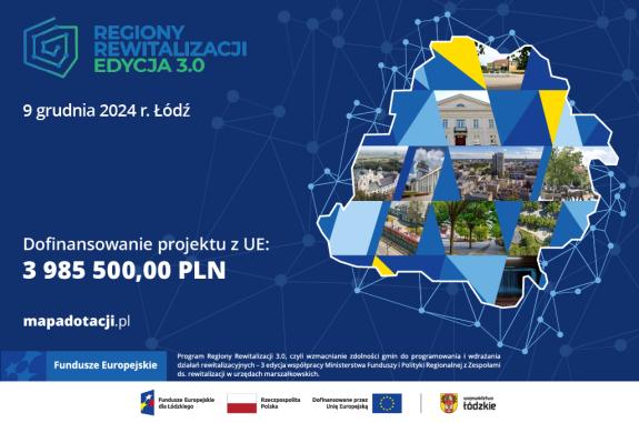 Baner promujący konferencję Regiony Rewitalizacji Edycja 3.0, obok grafika w kształcie województwa z kolażem zdjęć z województwa łódzkiego