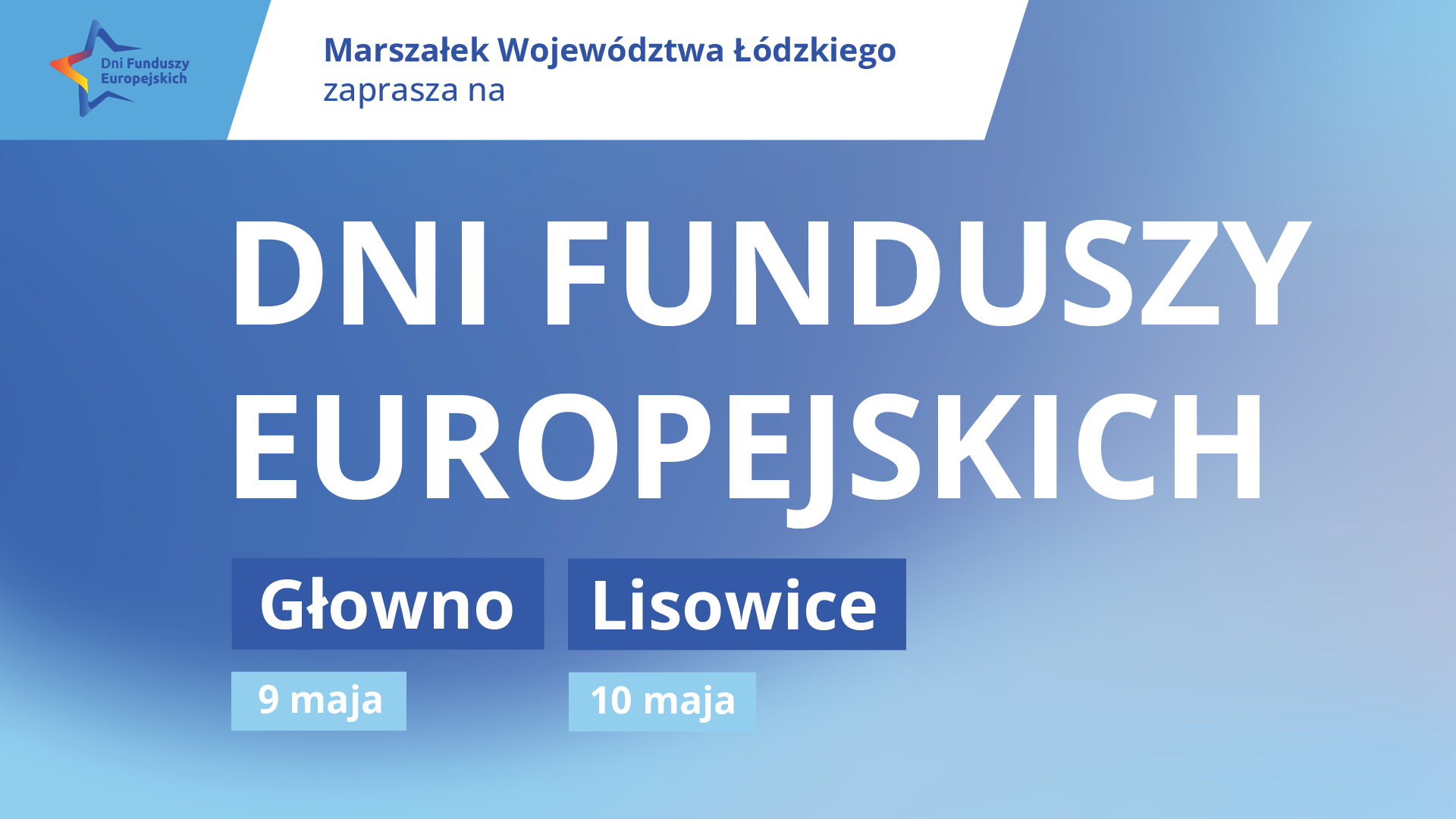 Błękitny plakat z białym napisem Dni Funduszy Europejskich
