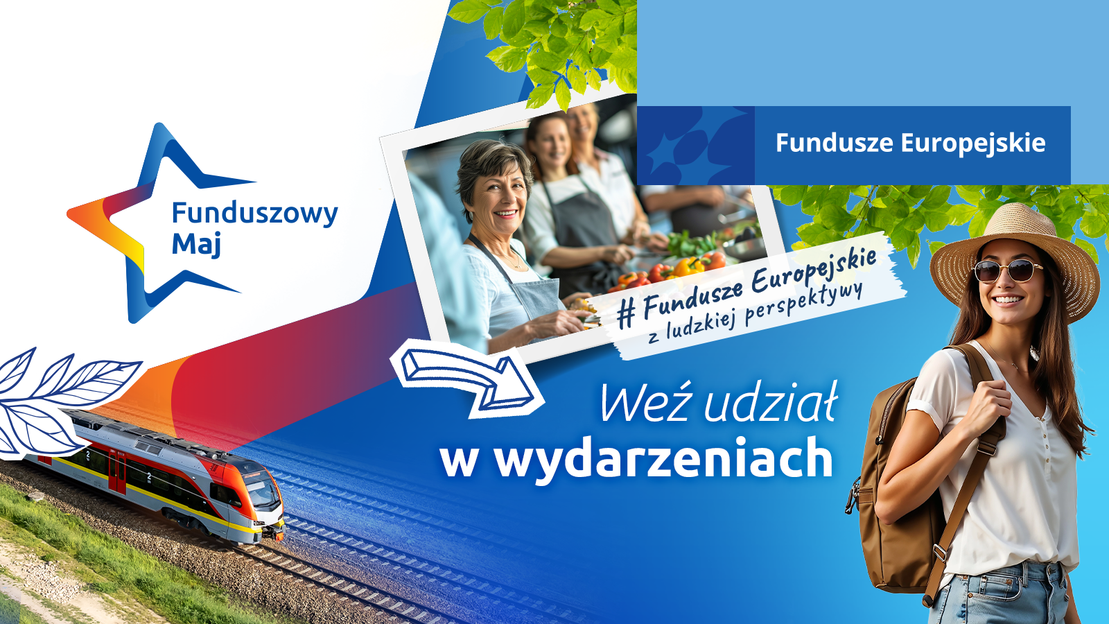 Na grafice znajdują się zdjęcia nowoczesnego pociągu, turystki oraz kucharzy. Centralny napis głosi: „Weź udział w wydarzeniach”. W prawym górnym rogu widnieje logotyp Funduszy Europejskich