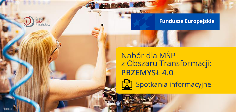 Baner informujący o spotkaniu informacyjnym stacjonarne, dotyczącym naboru na Przemysł 4.0 w ramach Funduszu Sprawiedliwej Transformacji