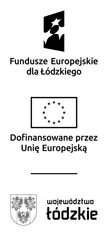 Uzupełniające pionowe zestawienie znaków w programie regionalnym Województwa Łódzkiego (achromatyczne) składające się ze znaku Fundusze Europejskie dla Łódzkiego, znaku Unii Europejskiej, kreski oraz hybrydy składającej się z herbu Województwa Łódzkiego oraz napisu Województwo Łódzkie stosowanej w zestawieniu znaków unijnych