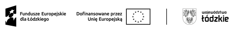 Zestawienie znaków w programie regionalnym Województwa Łódzkiego (achromatyczne) składające się ze znaku Fundusze Europejskie dla Łódzkiego, znaku Unii Europejskiej, kreski oraz hybrydy składającej się z herbu Województwa Łódzkiego oraz napisu Województwo Łódzkie stosowanej w zestawieniu znaków unijnych