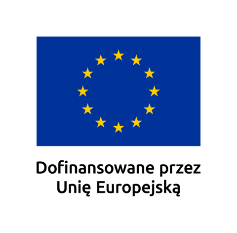 znak mobilny Unii Europejskiej składający się z sygnetu (element graficzny w którym występuje dwanaście żółtych gwiazd na granatowym prostokącie) oraz logotypu pod sygnetem (napis ?Dofinansowane przez Unię Europejską")