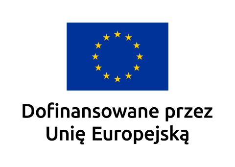 znak Unii Europejskiej składający się z sygnetu (element graficzny w którym występuje dwanaście żółtych gwiazd na granatowym prostokącie) oraz logotypu pod sygnetem (napis ?Dofinansowane przez Unię Europejską")