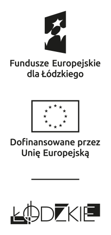 zestawienie znaków unijnych dla województwa łódzkiego skaładające się ze znaku marki Fundusze Europejskie, znaku Unii Europejskiej, poziomej kreski oraz znaku dla Województwa Łódzkiego. Wersja achromatyczna pionowa