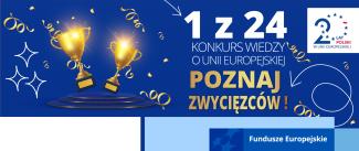 Dwa puchary na błękitnym banerze promującym konkurs 1 z 24 wraz ze złotym napisem "poznaj zwycięzców"