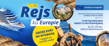 Grafika promocyjna III Edycji Konkursu Wiedzy o Unii Europejskiej pt. „1 z 24. Rejs ku Europie” dla klas II i III szkół ponadpodstawowych, organizowanego przez Marszałek Województwa Łódzkiego Joannę Skrzydlewską. On-screen text: „Obierz kurs na wygraną i wypłyń na szerokie wody!”. Tło w stylistyce morskiej ze statkiem wycieczkowym, sterem i bulajami. Logo Fundusze Europejskie.