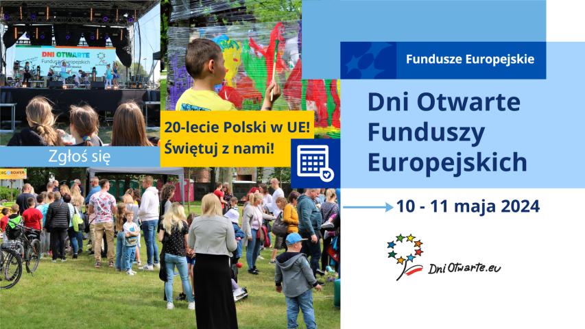 Plakat promocyjny Dni Otwartych Funduszy Europejskich 2024, na plakacie kadry z wydarzeń odbywających się w latach poprzednich