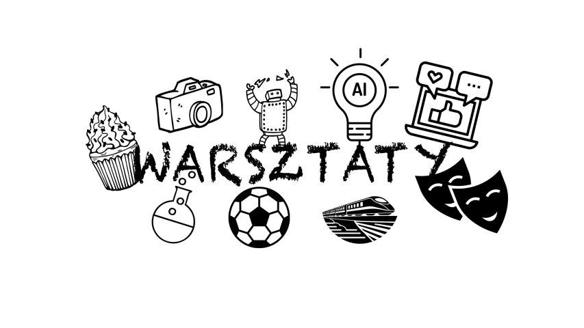 Logo warsztatów, a na nim narysowane odręcznie symbole powiązane z tematyka warsztatów