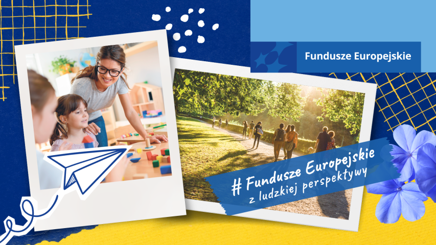 Grafika Funduszy Europejskich przedstawia nauczycielkę prowadzącą zajęcia z dziećmi oraz mieszkańców spacerujących po parku. 