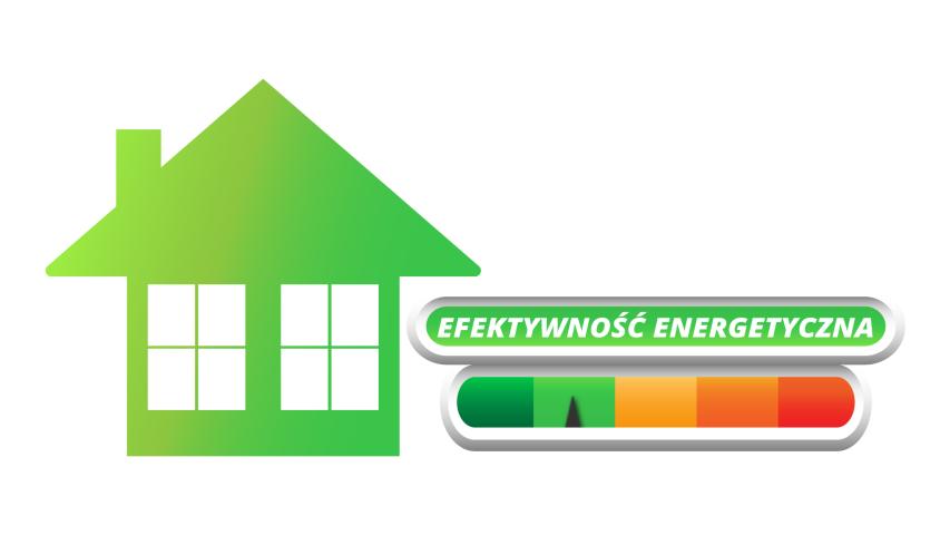 Zieony domek, wraz z kolorową belką symbolizującą efektywność energetyczną