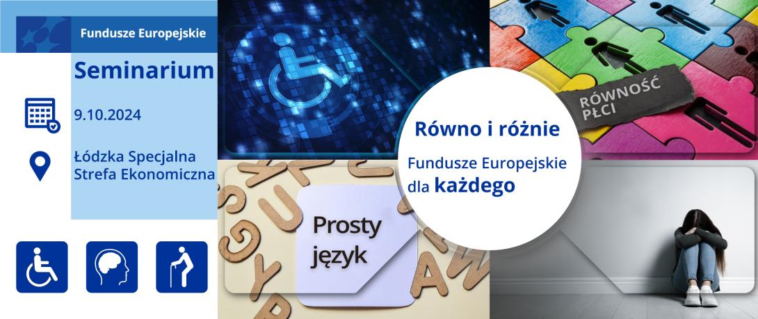 Kolaż zdjęć w tematyce dostępności dla osób niepełnosprawnych, równości płci prostego języka i osób wykluczonych