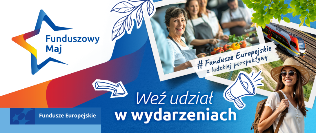 Plakat informacyjny akcji „Funduszowy Maj”. Na grafice znajdują się zdjęcia nowoczesnego pociągu, turystki oraz kucharzy. Centralny napis głosi: „Weź udział w wydarzeniach”. W prawym górnym rogu widnieje logotyp Funduszy Europejskich