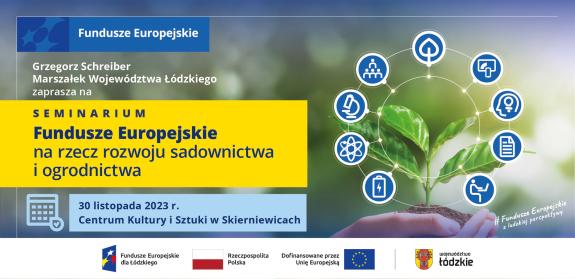 Zapraszenie na seminarium, a na nim młoda roślina na dłoni. Dookoła symbole baterii, atomu mikroskopu, ludzi, dokumentów, człowieka korzystającego z laptopa