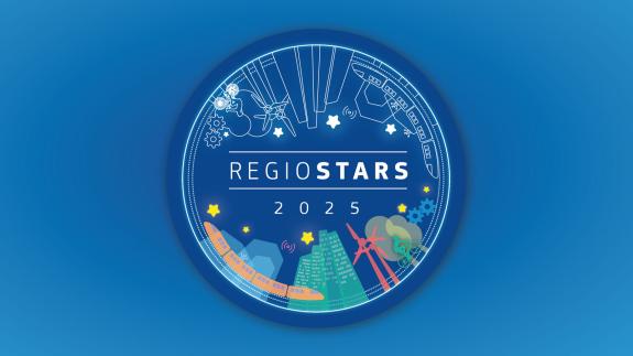 koło, po środku napis regiostars 2025 na niebieskim tle