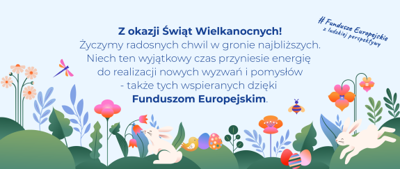 Grafika przedstawiająca wiosenną łąkę po której kicają zające, pomiedzy nimi pisanki na trawie leżące, kwiaty kwitnące i owady latające. W górnej części życzenia świąteczne.