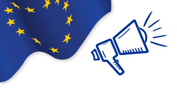 Grafika przedstawiająca po lewej stronie flagę Unii Europejskiej, a po prawej stronie megafon